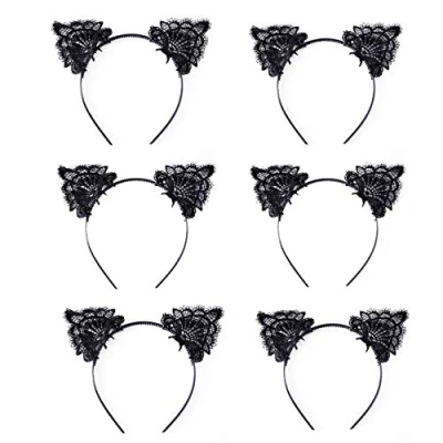 Afbeelding van JZK 6 x Zwarte Kanten Kat Oren Hoofdband Haarband Partij voor Kerstmis Halloween kostuumaccessoires en Dagelijkse Decoratie Vrouwelijke Meisjes