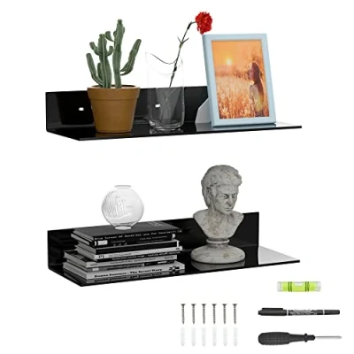 Afbeelding van Sezanrpt Set van 2 acryl wandplanken, 43 cm, zwart, L vorm, drijvend rek, hoekrek, Perspex wanddisplay, planken voor wanddecoratie, modelwagen, kaars, kalender, handdoek, tissue