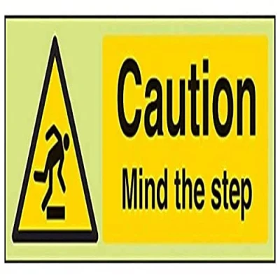 Afbeelding van VSafety Glow In The Dark Caution Mind Step Warning Sign 300mm x 100mm Rigid Plastic