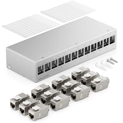 Afbeelding van deleyCON 12 Poorts Patchpanel Set Patch Field 1HE + 12x RJ45 Keystone Jack Module STP CAT6a Compatibel met Installatiekabels CAT5 CAT6 CAT7 Netwerkkabel Ethernet LAN DSL Grijs