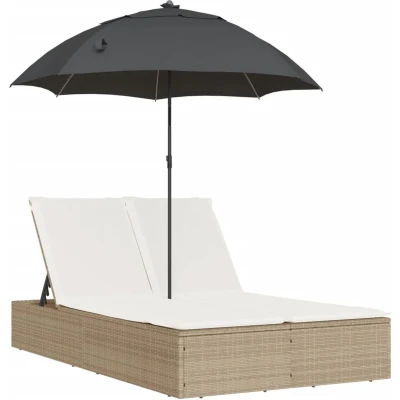 Afbeelding van vidaXL Ligbed 2 persoons met kussens en parasol poly rattan beige