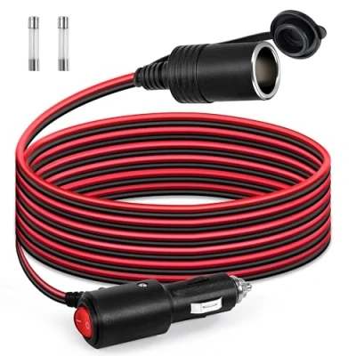 Afbeelding van GUNGY 3 meter auto verlengkabel, sigarettenaansteker, stekker, verlenging, 16 AWG, kabel, waterdicht, met schakelaar, 15 A zekering voor 12 V/24 V stroom, vrachtwagen, camping, camper
