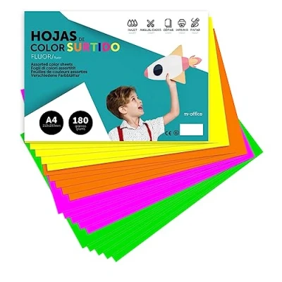 Afbeelding van Cartulina de Colores, A4 Colores Surtidos Fluor, Folios 180gr para Manualidades, Imprimir Documentos y Diseños Creativos, · m office (x50 Surtido Fluor)