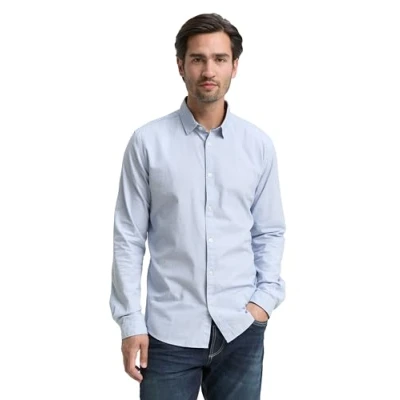 Afbeelding van TOM TAILOR Mannen Slim fit overhemd met structuur 1023881, 24183 Light Blue White Structure, 3XL