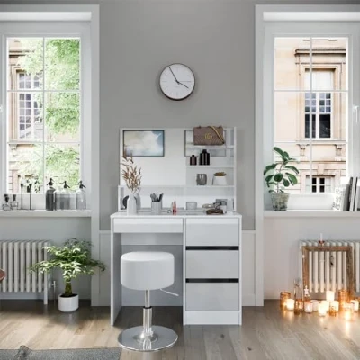 Afbeelding van Vicco Kaptafel &quot;Sherry&quot;, Wit Hoogglans, 90 cm met krukje