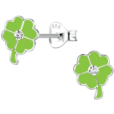 Afbeelding van JoyS Zilveren klaver oorbellen 6 x 8 mm groen klavertje vier oorknoppen kristal kinderoorbellen