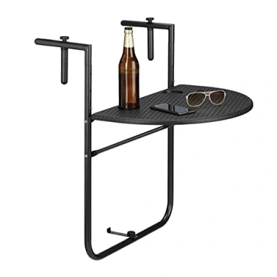 Afbeelding van Relaxdays balkontafel inklapbaar, balkon tafel rotan, hangtafel reling zwart