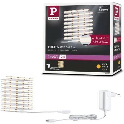 Afbeelding van Paulmann 78862 SimpLED LED Strip Full Line COB complete set 3m 11W 1500lm 384LEDs/m 3000 K 12 VA wit metaal