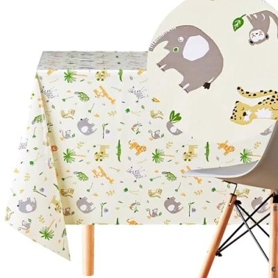 Afbeelding van KP HOME Pvc, afwasbaar, rechthoekig, 300 x 140 cm, afwasbaar tafelkleed tot 10 zitplaatsen, voor kinderen, waterdicht, vinyl, tafelzeil, lichtcrèmekleurig met safaridieren