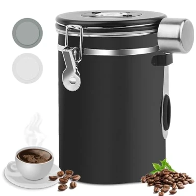 Afbeelding van Koffieblik luchtdicht van roestvrij staal, 1,8 l, vacuüm koffieblik, koffiebonenhouder met roestvrijstalen lepel en tijdregistratie, voor thee, noten, cacao, langer vers blijven