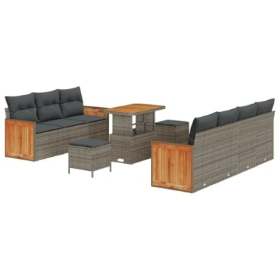 Afbeelding van vidaXL 10 delige tuinset met kussens Grijs Poly rattan Acacia