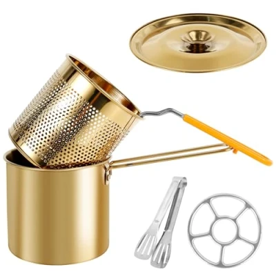 Afbeelding van Frituurpan, 1200 ml, roestvrij staal, frituurpan met mand en deksel, toslappen, clip, multifunctionele frietpan voor thuis, mini friteuse pan gebakken kip, nuggets, inktvis, friet