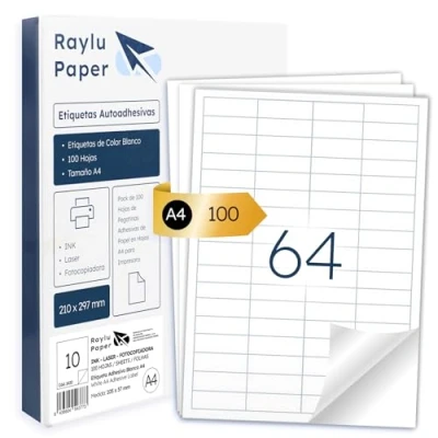 Afbeelding van Raylu Paper ® zelfklevende witte etiketten om af te drukken, papieren stickers op A4 vellen voor inkjetprinters, laser en fotokopieerapparaten, 64 per vel (48,5 x 16,9 mm)