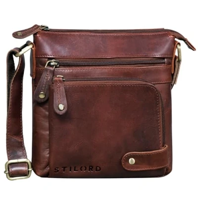 Afbeelding van STILORD &#039;Cameron&#039; Kleine Lederen schoudertas Vintage Boodschappentas tas DIN A5 8,4 inch Handtas Kruisbody bag Retro tas, Kleur:porto cognac