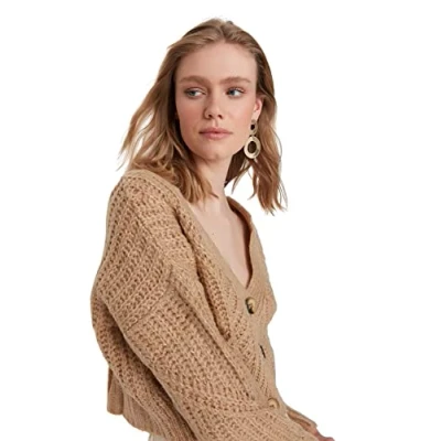 Afbeelding van Trendyol Camel Zacht Getextureerd Crop Knoop Gedetailleerd Gebreide Vest