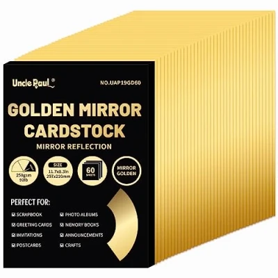 Afbeelding van Uncle Paul A4 Gouden Spiegel Cardstock Papier, 60 Vellen 250gsm/92Ib Metallic Reflecterend Papier voor Ambachten, Folie Karton DIY Projecten Verjaardagsfeestje Decoratie UAP19GD60