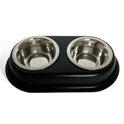 Afbeelding van Dubbele bak voor huisdieren, 2 x 400 ml roestvrijstalen bakken, voederbak, antislip basis, zwart (zwart)
