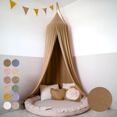 Afbeelding van lilimaus Baldakijn kinderkamer met gouden applicatie, in 12 kleuren, bedhemel van 100% katoen, mousseline, voor meisjes en jongens, babybedhemel als decoratie babykamer, gordijn kinderbed