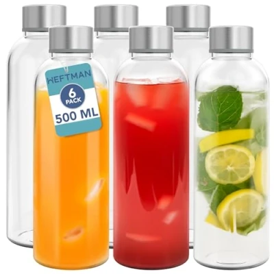 Afbeelding van HEFTMAN glazen flessen met deksels 6 stuks lege waterfles van 500 ml, luchtdicht, lekvrij, roestvrijstalen water, smoothies, sapflessen en reinigingsborstel voor werk,