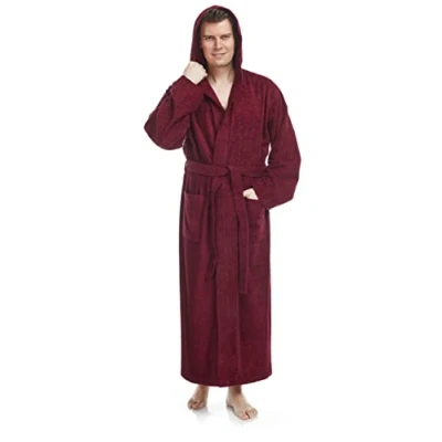 Afbeelding van Pacific Herenbadjas met capuchon, enkellengte, 100% Katoenen Badstof, Bordeaux, L