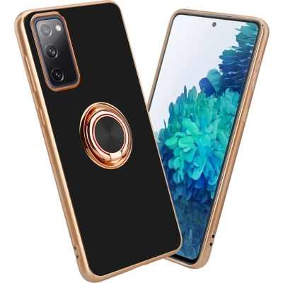 Afbeelding van Cadorabo Hoesje geschikt voor Samsung Galaxy S20 FE in Glossy Zwart Goud met ring Beschermhoes van flexibel TPU silicone Case Cover camerabescherming en magnetische autohouder