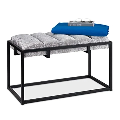 Afbeelding van Relaxdays halbankje, gepolsterd bankje met fluwelen bekleding, HBD: 47x80x40 cm, metaal, stijlvolle bedbank, grijs/zwart