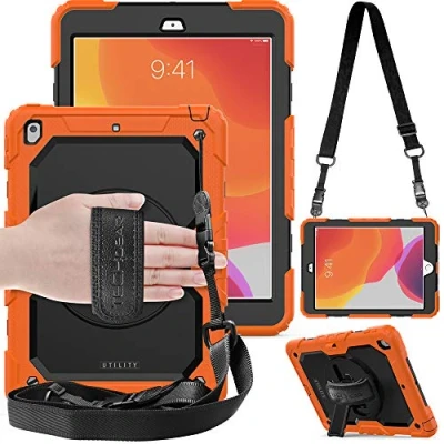 Afbeelding van TECHGEAR UTILITY hoes Compatibel met iPad 10.2 2020/2019 [8e / 7e generatie] Stoere, Robuuste, Schokbestendige Hoesje 360 Roterende Stand, Handriem en Schouderriem Case Oranje
