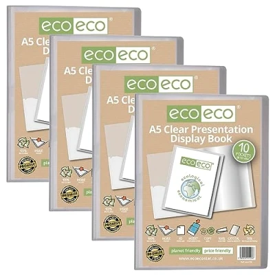 Afbeelding van eco A5 formaat 50 procent gerecycled 10 Pocket Clear Presentatie Display Book, Opbergkoffer Portfolio Art Folder met Plastic Mouwen, Pack van 4, eco126x4