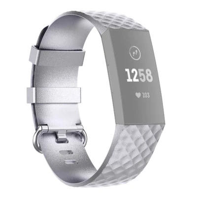 Afbeelding van Fitbit Charge 3 &amp; 4 siliconen diamant pattern bandje Maat: Large Zilver