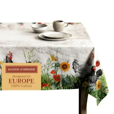 Afbeelding van Maison d&#039; Hermine tafelkleed 100% katoen 140 cm x 180 decoratief wasbaar vierkant paastafelkleden voor dineren, thuis, bruiloft, banket, buffet, Basse Cour lente/zomer
