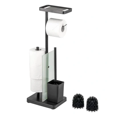 Afbeelding van eluno Staande wc garnituur 4 in 1, vrijstaande toiletgarnituur inclusief borstel, 2 reserveborstelkoppen, (vervanging) rolhouder voor 3 rollen, plank, gesatineerd glas en metaal (zwart)