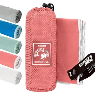 Afbeelding van Backpacker&#039;s Journey microvezel handdoeken in S M L XL. Reishanddoek stelt licht, sneldrogend, absorberend en antibacterieel (zalmkleurig XL)