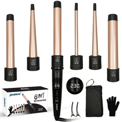 Afbeelding van janelove krultang van 9 32 mm, met verschillende opzetstukken, 6 in 1 voor kort haar, kleine krullen, 80 230 C, grote handschoenen en nylon tas (goud)