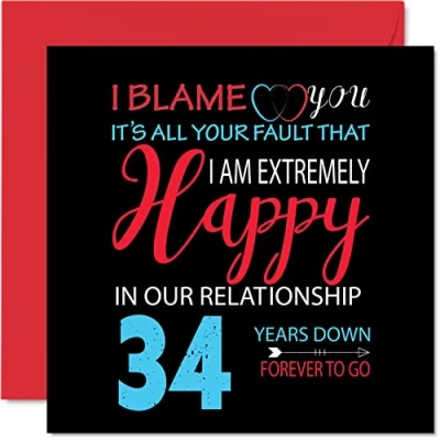 Afbeelding van Grappige 34e verjaardagskaart voor echtgenoot vrouw Your Fault I&#039;m Extremely Happy Gelukkige huwelijksverjaardagskaart partner, 145 mm x wenskaarten vierendertigste jubilea