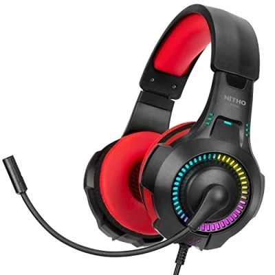 Afbeelding van NITHO NX200 Gaming Headset, bekabeld, voor PS4/PS5/Nintendo Switch/Xbox/PC/Mobile/Tablet, Stereo Headset met Opvouwbare Cardioïde Microfoon, 40 mm Drivers en RGB Lichteffect Rood