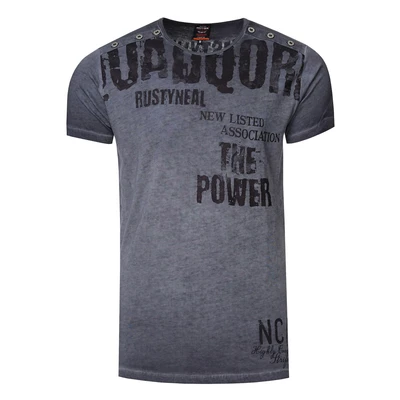 Afbeelding van T shirt ronde hals dubbele knoopsluiting met grote print aan de voorkant verwassen in used look 273, antraciet, XXL