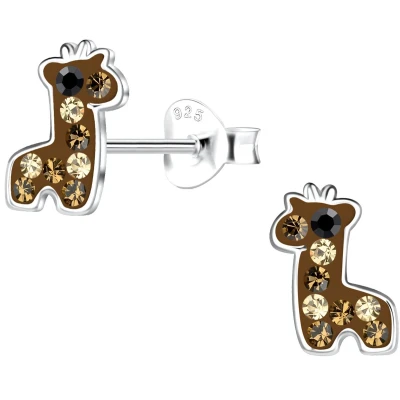 Afbeelding van JoyS Zilveren baby giraf oorbellen 7 x 9 mm bruin kristal kinderoorbellen giraffe