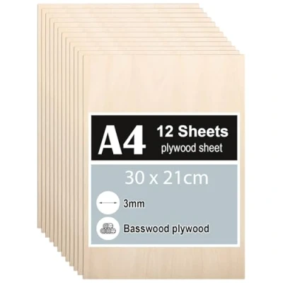 Afbeelding van 12 stuks multiplexplaten, 3 mm, A4 multiplex, 30 x 21 cm, linde dunne houten platen voor doe het zelf houtbewerking, laserbewerking, brandschilderen, modelbouw, decoratie, schilderijen