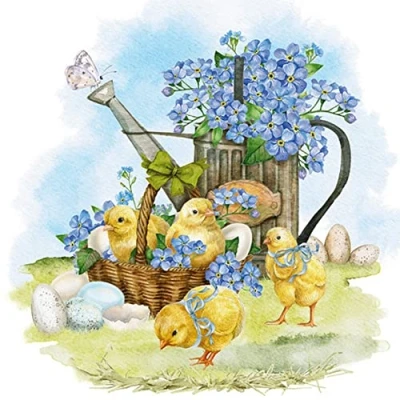 Afbeelding van 20 servetten kuikens aan vergeetmijnniet bloemen lente Pasen tafeldecoratie decoupage servettentechniek 33 x cm