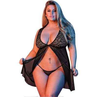 Afbeelding van Babydoll with Open Back and G String Set 2X Black