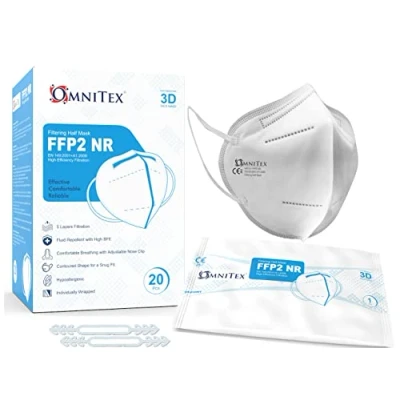 Afbeelding van Omnitex FFP2 gezichtsmasker 20 stuks wit, individueel verpakt Hoge filtratie 5 lagen EN149 CE gecertificeerd Hypoallergeen Vloeistofbestendig Oorlussen en aanpasbare neusbrug + maskerverlengers