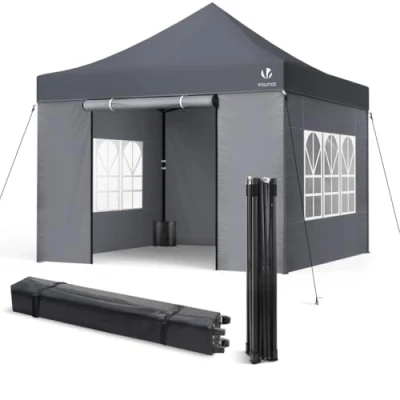 Afbeelding van VOUNOT Tuinpaviljoen, opvouwbaar, 3 x m, versterkt met 4 wanden, raam, tent van polyester, waterdicht, voor festival, tuin, camping, draagtas en zandzakken, grijs