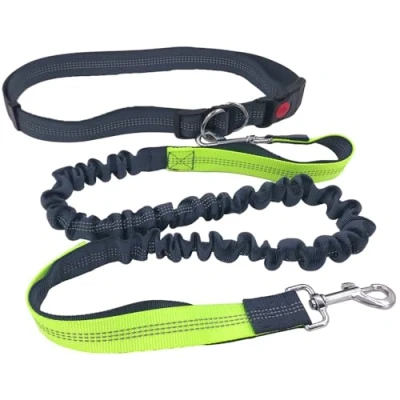 Afbeelding van QitinDasen Grijs Handsfree Hondenriem, Verstelbare Heupriem en Dubbele Handgreep Intrekbare Bungee Lijn, Jogging Hondenriem met Reflecterend Stiksel (Groen Handgreep)