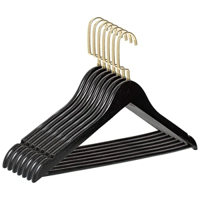 Afbeelding van RSR Hangers Kleerhangers, hout, zwart, 10 stuks, met broekstang, 44,5 cm, 360 draaibare haak, goudhaak, overhemdhanger, broekhanger