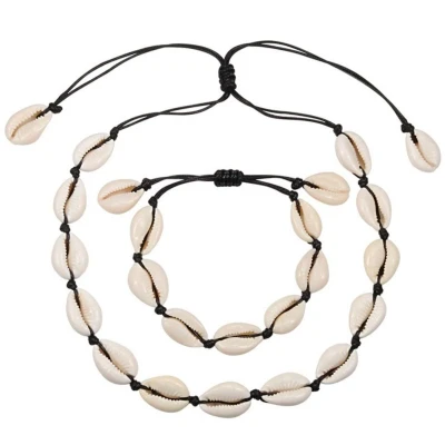 Afbeelding van Fako Bijoux® Schelpjes Ketting &amp; Armband Choker Schelpen Set Zwart