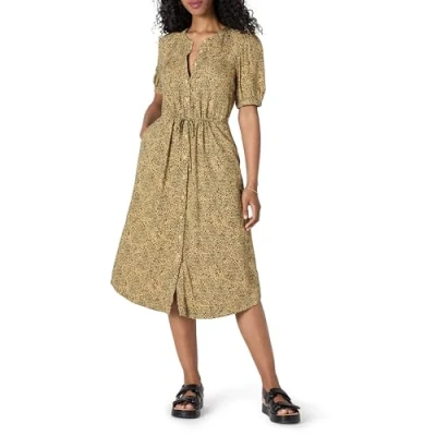 Afbeelding van Amazon Essentials Dames Relaxed Fit Half Mouw Taille Midi A lijn Jurk, Zwart Kameel Dierenprint, Medium