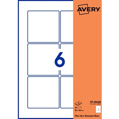 Afbeelding van Avery Zak met 60 zelfklevende etiketten, vierkant, polyesterfolie, wit, formaat 80 x mm, personaliseerbaar en bedrukbaar, laser kopieerapparaat (FPL mm)