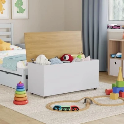 Afbeelding van Vida Designs Arlington speelgoedkist van hout, wit, met deksel, dekens en dekens, voor kinderen