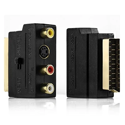 Afbeelding van deleyCON Scart naar 3x Cinch Bussen IN/OUT Schakelaar + S VIDEO VHS AV Audio Videoadapter Zwart