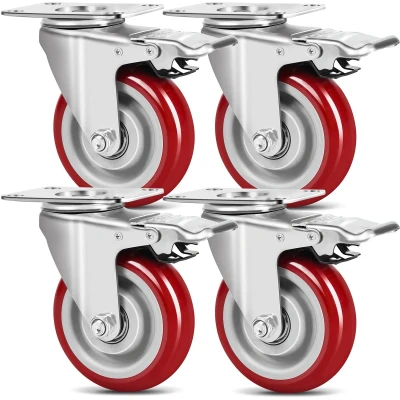 Afbeelding van Set van 4 zware wielen met rem, transportwielen 100 mm, belasting 600 kg, industriële massief rubber en geruisloos